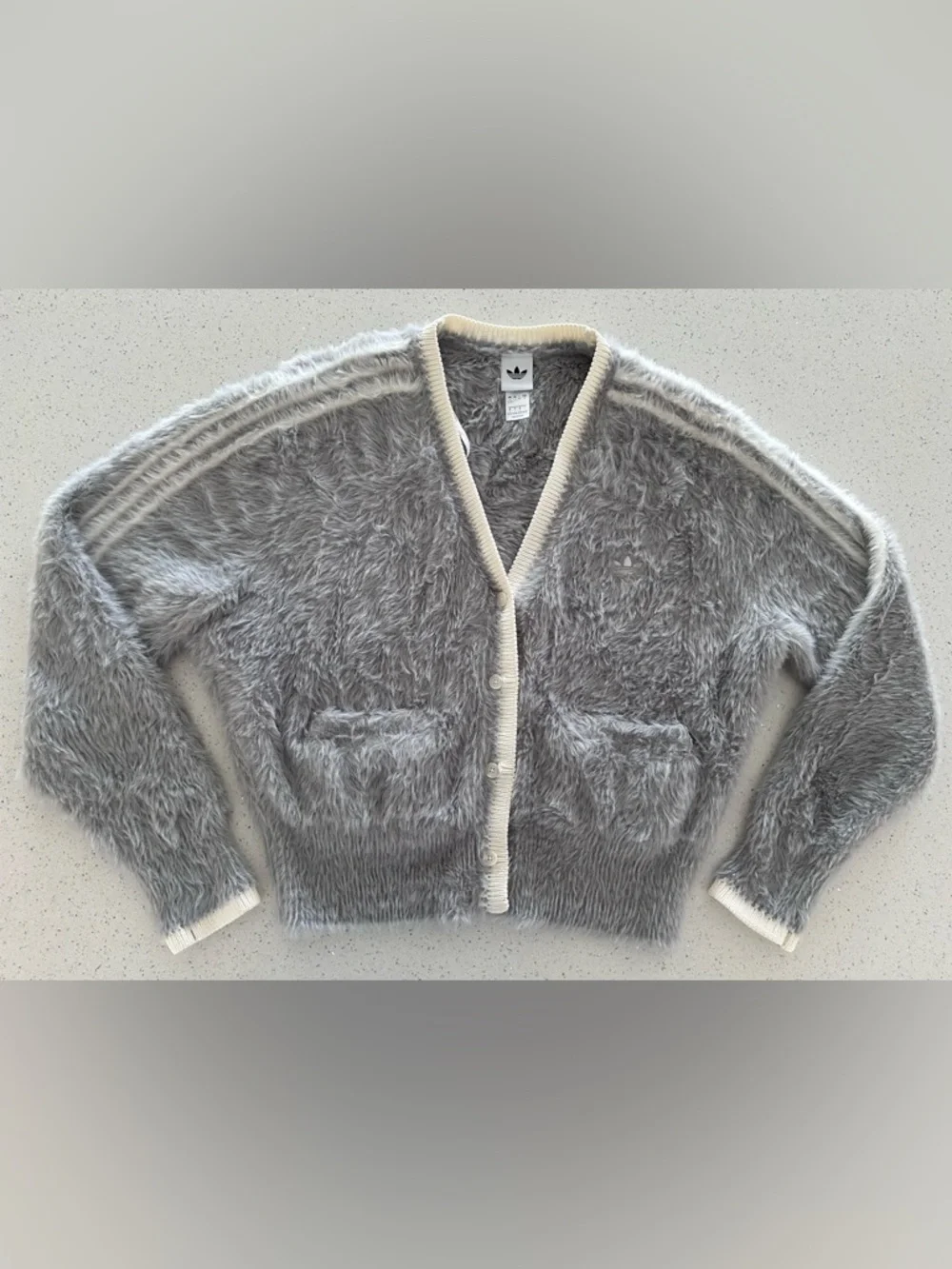 adidas Light Grey Fuzzy V-Neck Cardigan with Cream Trim Asia Exclusive US Large - Picture 7 of 14